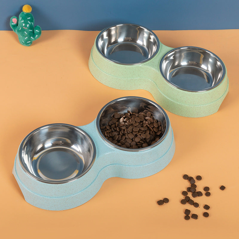 Double Dish Pet Food Water Feeder Stainless Steel