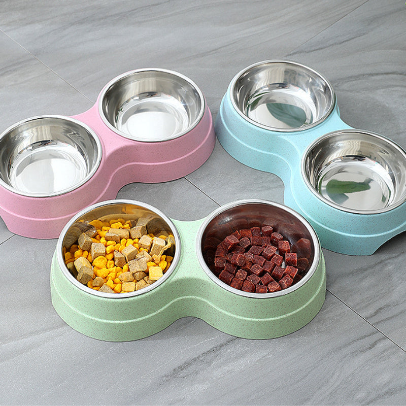 Double Dish Pet Food Water Feeder Stainless Steel