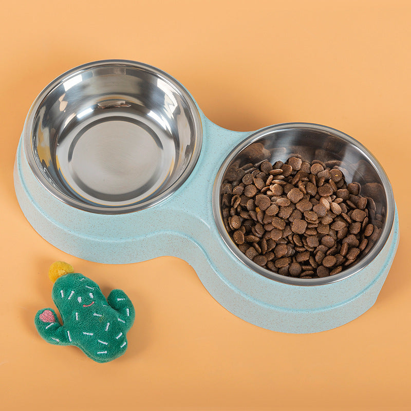 Double Dish Pet Food Water Feeder Stainless Steel